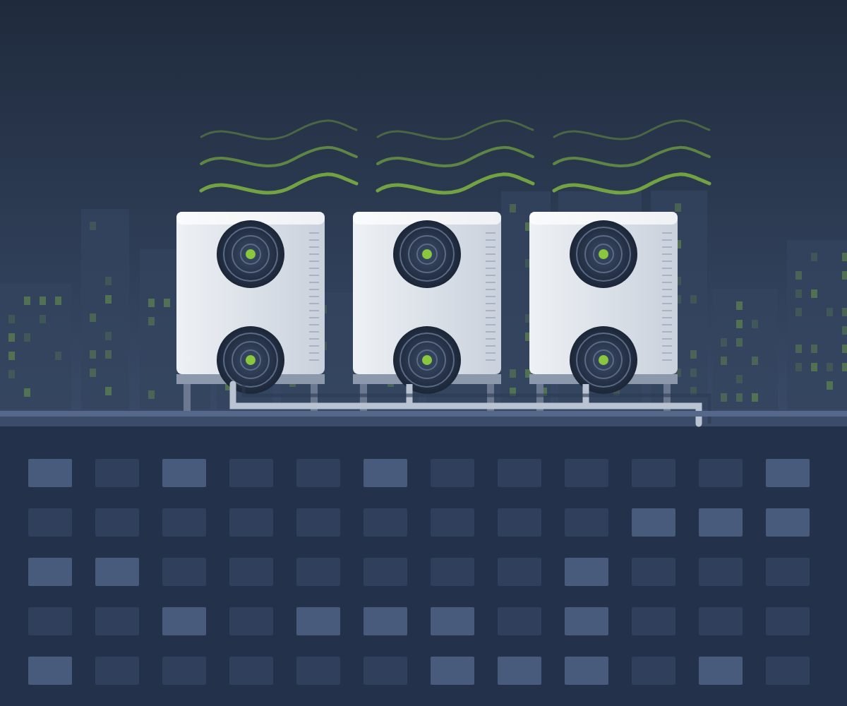 Illustration of commercial air conditioning condensers on a building rooftop
